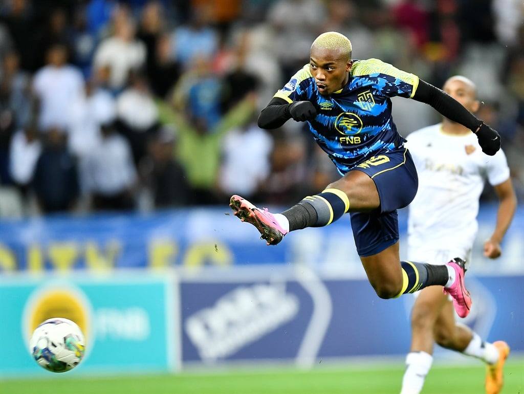 CAPE TOWN, SOUTH AFRICA - MARCH 05: Khanyisa Mayo of Cape Town City during the DStv Premiership match between Cape Town City FC and Stellenbosch FC at DHL Cape Town Stadium on March 05, 2024 in Cape Town, South Africa. (Photo by Ashley Vlotman/Gallo Images)