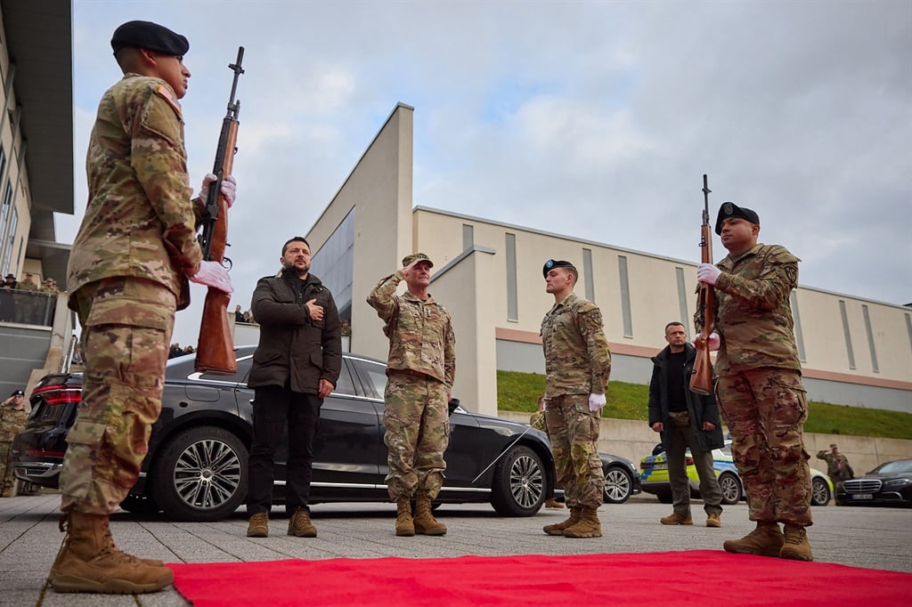 Ukrainian President Volodymyr Zelensky arrives at the US Army Command in Europe in Wiesbaden during a surprise vist to Germany, on 14 December 2023, the same day the EU moved forward with plans to extend membership to Ukraine. (Ukrainian Presidential Press Service via AFP)