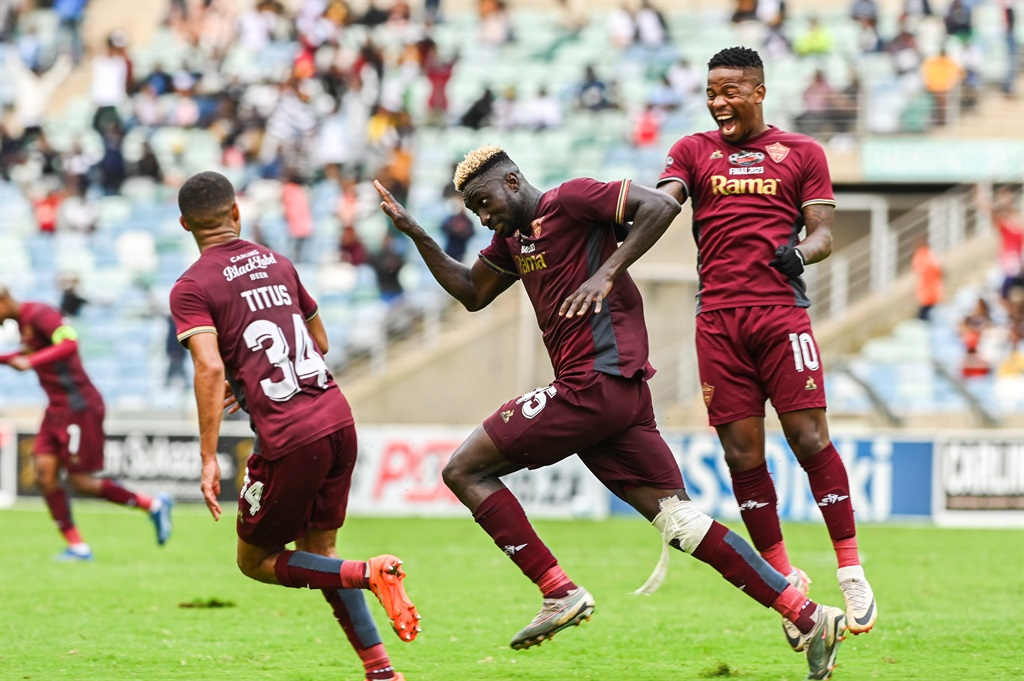 DURBAN, SOUTH AFRICA - DECEMBER 16: Ismael Toure of Stellenbosch FC celebrates scoring during the Carling Knockout, Final match between Stellenbosch FC and TS Galaxy at Moses Mabhida Stadium on December 16, 2023 in Durban, South Africa. (Photo by Darren Stewart/Gallo Images)