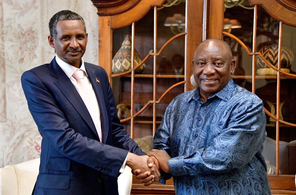 President Cyril Ramaphosa meets with Mohammed Hamdan Dagalo, known as Hemedti, in Pretoria on 4 January 2024. Hemedti leads the Rapid Support Forces (RSF), one side of Sudan's civil war, which stands accused of using starvation as a weapon. (Photo by SA Presidency via GCIS)