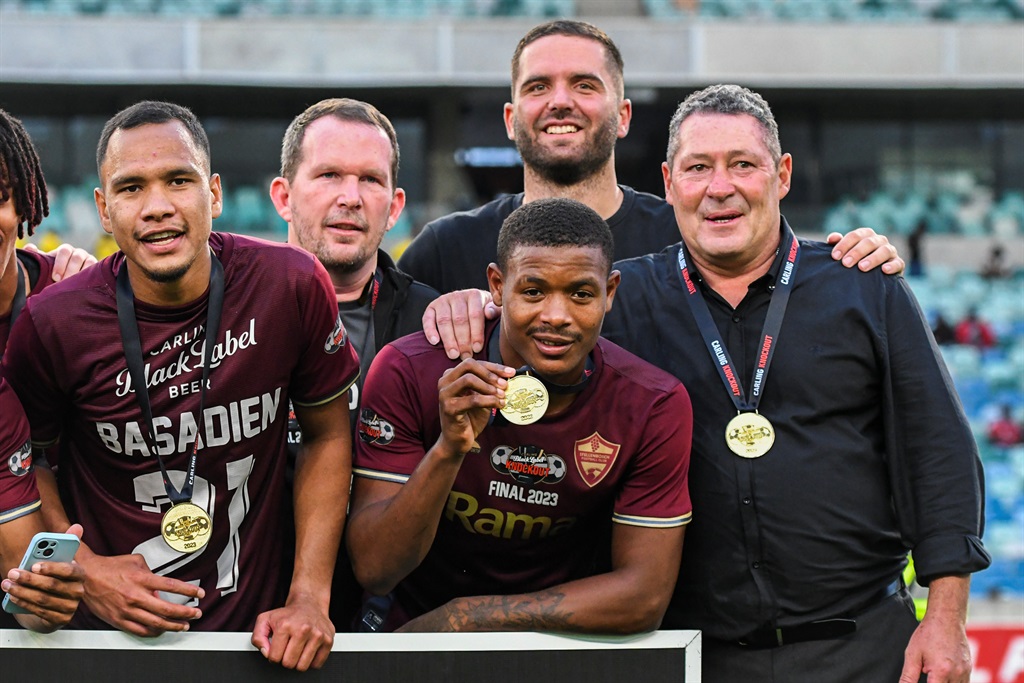 DURBAN, SOUTH AFRICA - DECEMBER 16: Stellenbosch celebrate the win during the Carling Knockout, Final match between Stellenbosch FC and TS Galaxy at Moses Mabhida Stadium on December 16, 2023 in Durban, South Africa. (Photo by Darren Stewart/Gallo Images)