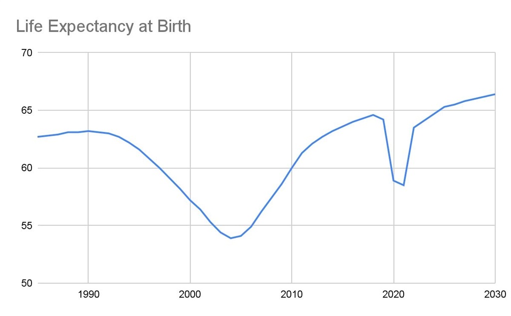 A graph showing the average life expectancy in Sou