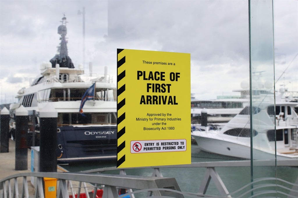 An entry sign at the Silo Marina, Auckland, New Zealand, in October 2020, when biosecurity border patrols were imposed, banning most foreign nationals from entry. (Lynn Grieveson - Newsroom via Getty Images)