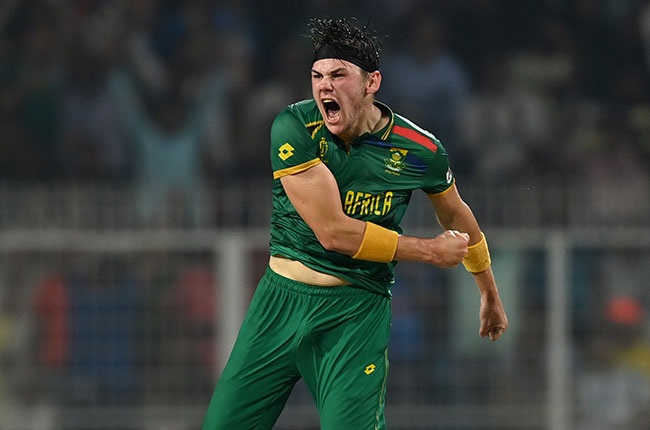 South African fast bowler Gerald Coetzee. (Gareth Copley/Getty Images)