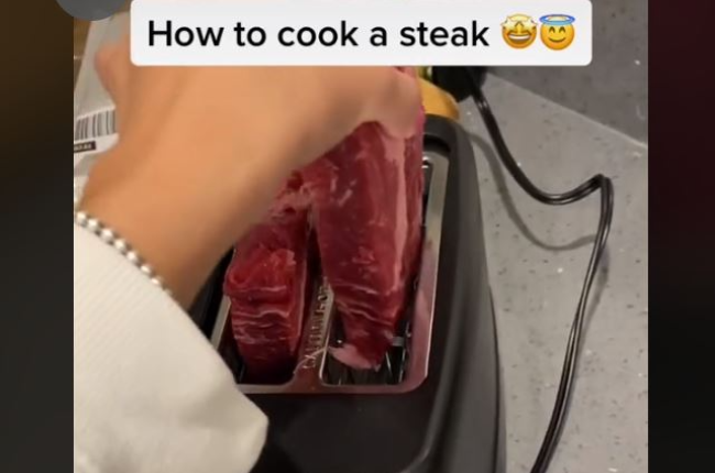 This TikToker sent users into a frenzy after she prepared steak using a toaster (Photo: Screengrab)