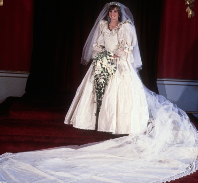 Princess Diana in her iconic wedding dress on the 