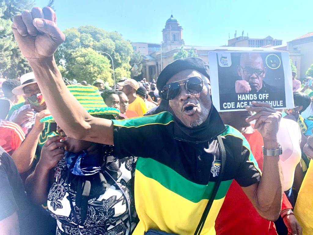 Supporters of ANC secretary-general Ace Magashule outside the Bloemfontein Magistrate's Court on Friday.