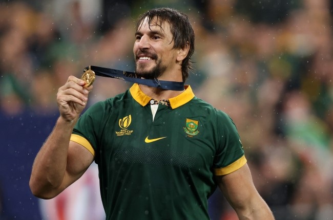 Springbok lock Eben Etzebeth celebrates winning the Rugby World Cup after South Africa beat the All Blacks 12-11 in the final at Stade de France in Paris in October last year. (Photo by Paul Harding/Getty Images)