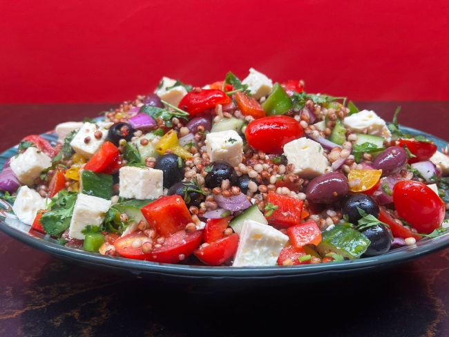 Enjoy a fresh take on greens with this Mediterranean sorghum salad.