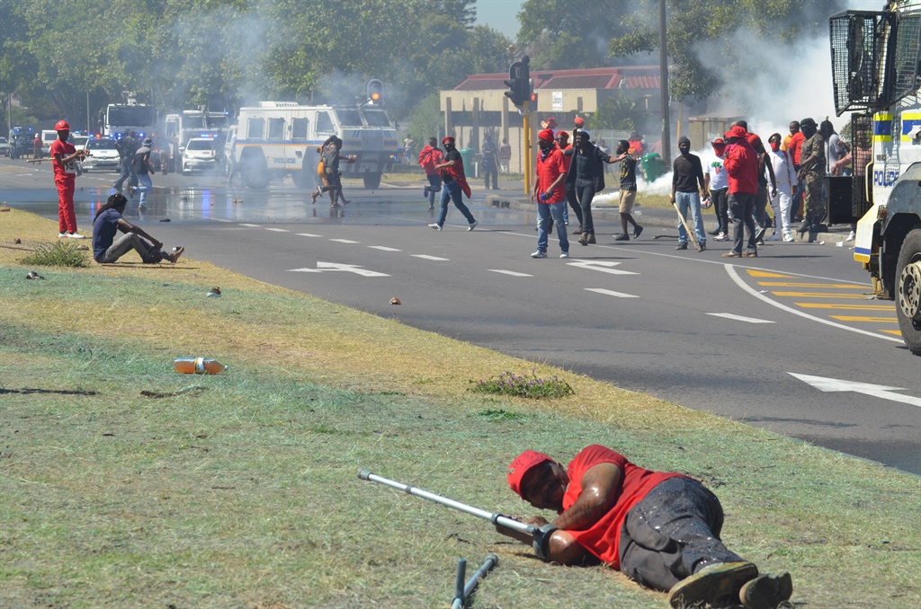 Police and cops have clashed ahead of the Brackenfell High School EFF march. Photo: Lulekwa Mbadamane.