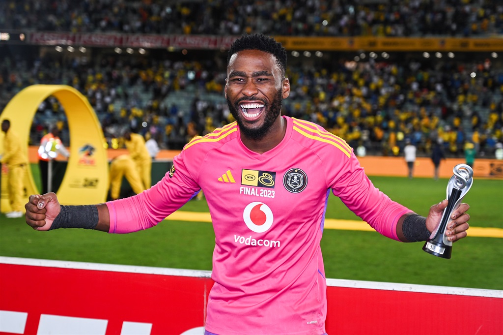 DURBAN, SOUTH AFRICA - OCTOBER 07: Sipho Chaine of Orlando Pirates, man of the match during the MTN8 final match between Orlando Pirates and Mamelodi Sundowns at Moses Mabhida Stadium on October 07, 2023 in Durban, South Africa. (Photo by Darren Stewart/Gallo Images)