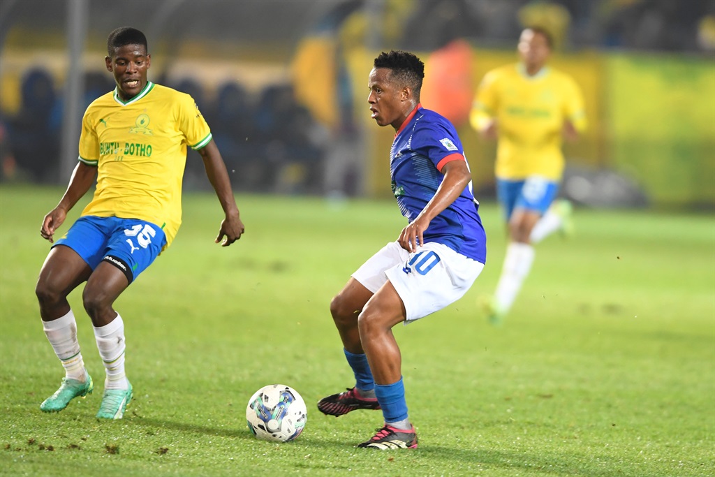 Neo Maema of Mamelodi Sundowns  and Rowan Human of then Maritzburg United ( Now at AmaZulu) during the DStv Premiership match between Mamelodi Sundowns and Maritzburg United at  Loftus Versfeld Stadium on May 16, 2023 in Pretoria, South Africa. 
