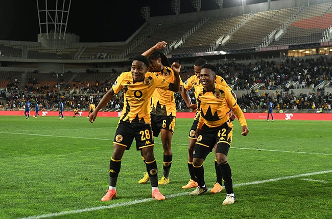 Mduduzi Shabalala of Kaizer Chiefs celebrates a goal with teammates during the DStv Premiership match. (Philip Maeta/Gallo Images)