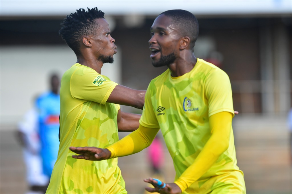 PRETORIA, SOUTH AFRICA - DECEMBER 19:  Alucious Wagaba of Orbit College celebrates a goal with his teammates during the Motsepe Foundation Championship match between University of Pretoria and  Orbit College FC at Tuks Stadium on December 19, 2023 in Pretoria, South Africa. (Photo by Sydney Seshibedi/Gallo Images)
