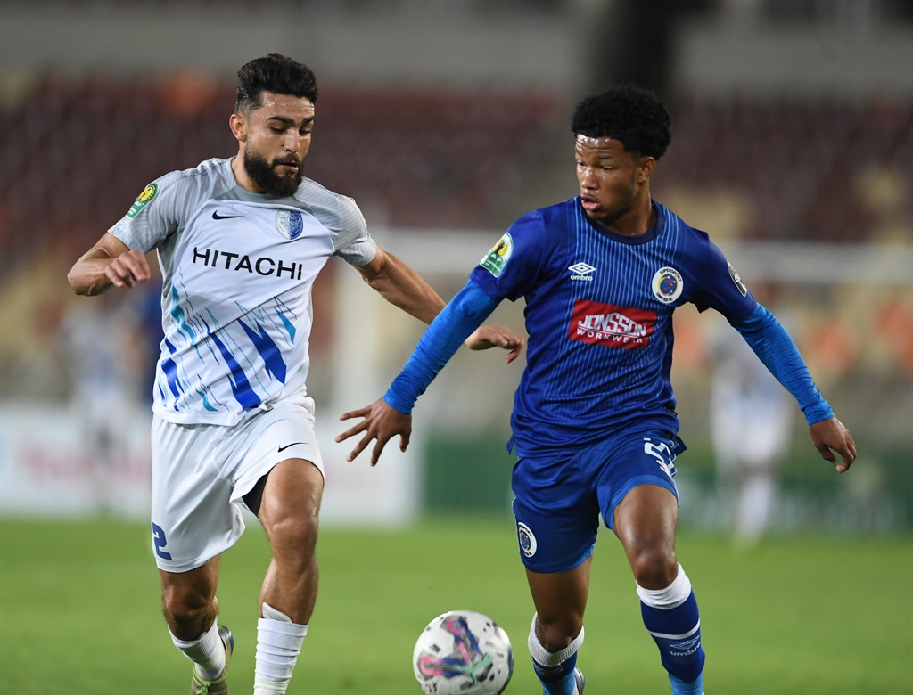 POLOKWANE, SOUTH AFRICA - DECEMBER 20: Bashier Alkarani of Al Hilal Benghazi and Shandre Campell of SuperSport United during the CAF Confederation Cup match between Supersport United and Al Hilal Benghazi at Peter Mokaba Stadium on December 20, 2023 in Polokwane, South Africa. (Photo by Philip Maeta/Gallo Images)