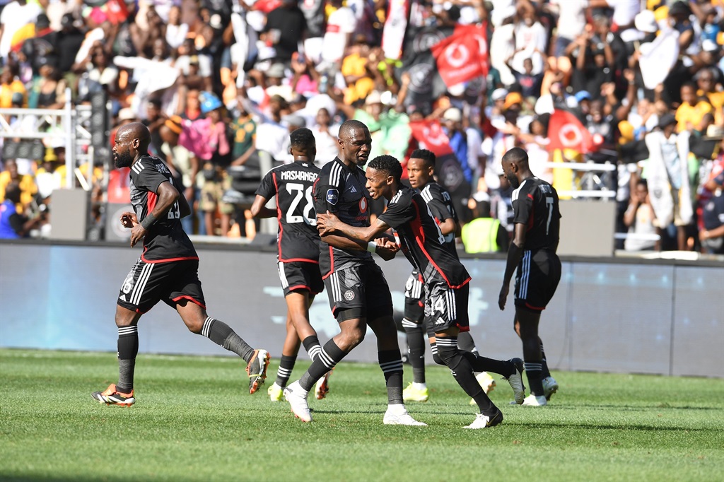 JOHANNESBURG, SOUTH AFRICA - MARCH 09:Monnapule Saleng of Orlando Pirates celebrates his goal with teammates during the DStv Premiership match between Orlando Pirates and Kaizer Chiefs at FNB Stadium on March 09, 2024 in Johannesburg, South Africa. (Photo by Lefty Shivambu/Gallo Images)