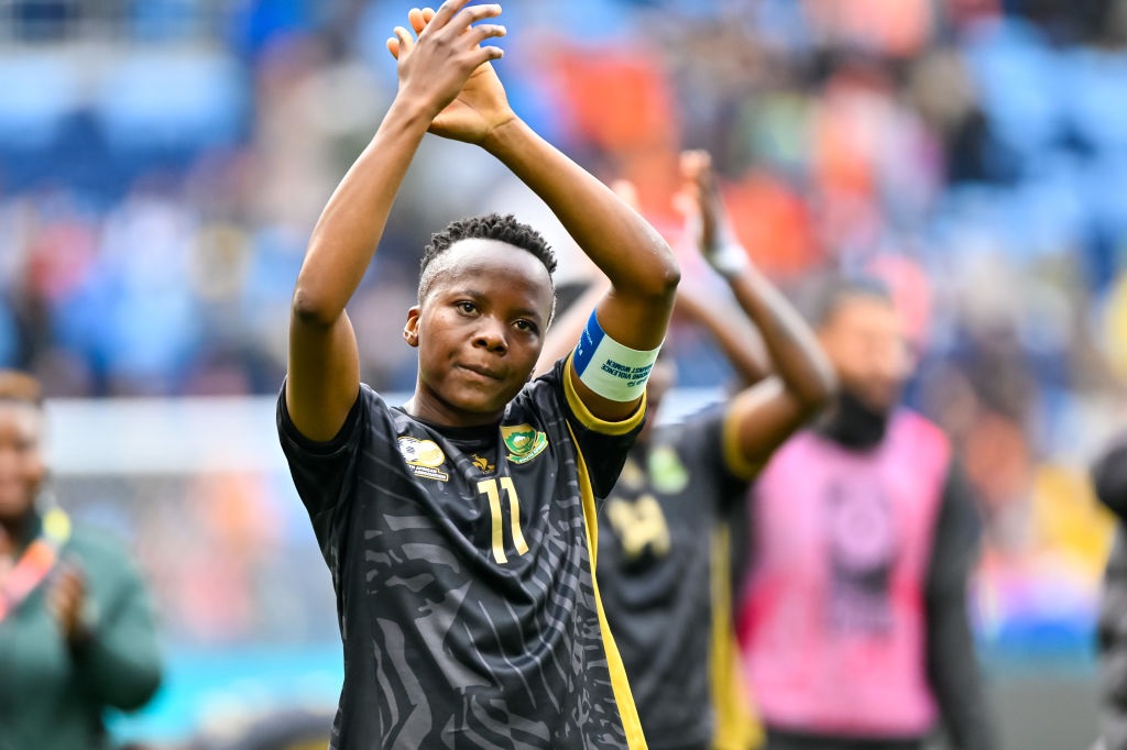 SYDNEY, AUSTRALIA - AUGUST 6: Thembi Kgatlana of South Africa thanks supporters for standing during the FIFA Womens World Cup Australia & New Zealand 2023 Round of 16 match between Netherlands and South Africa at Sydney Football Stadium on August 6, 2023 in Sydney, Australia. (Photo by Keith McInnes/Eurasia Sport Images/Getty Images)