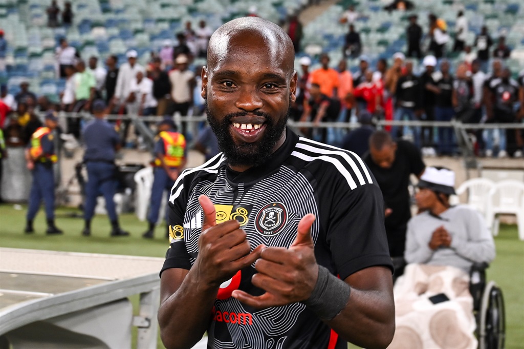 DURBAN, SOUTH AFRICA - OCTOBER 07: Makhehleni Makhaula of Orlando Pirates during the MTN8 final match between Orlando Pirates and Mamelodi Sundowns at Moses Mabhida Stadium on October 07, 2023 in Durban, South Africa. (Photo by Darren Stewart/Gallo Images)
