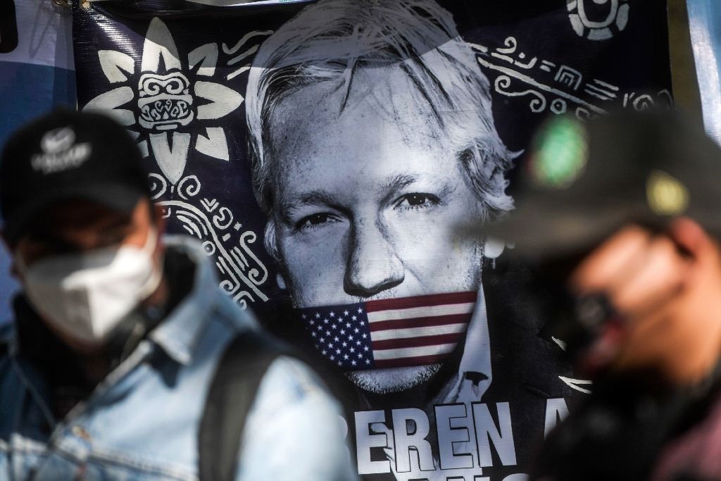 A flag is seen during a protest in front of the British embassy to demand the freedom of Wikileaks founder Julian Assange.