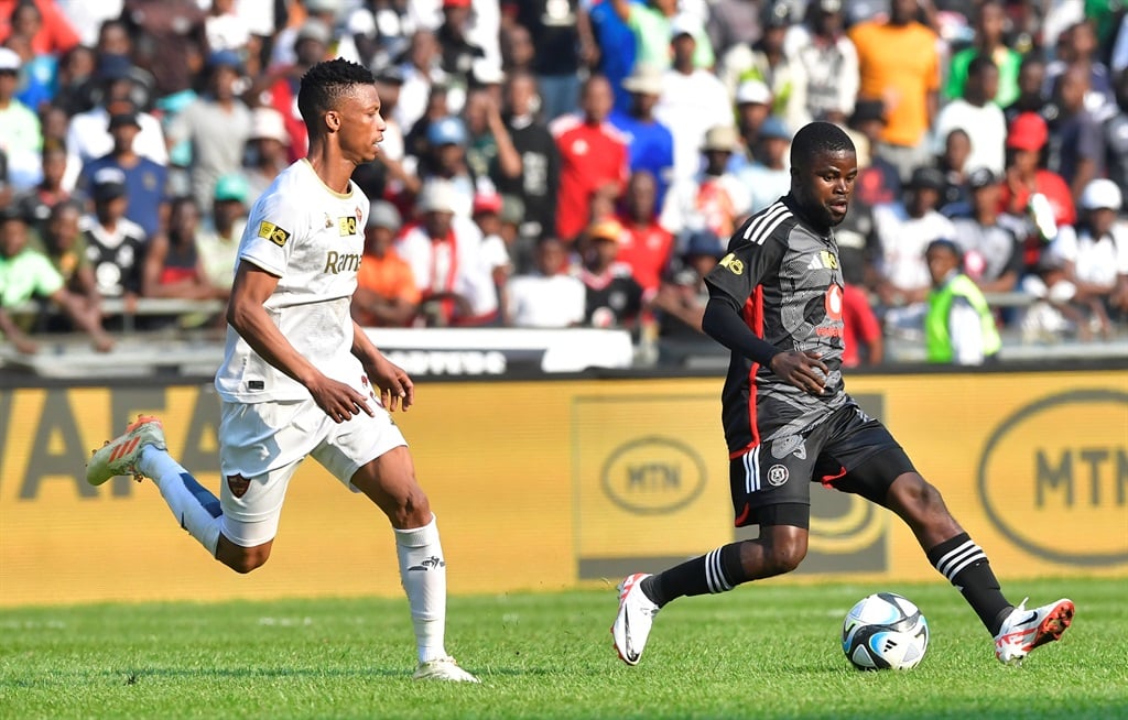 Lesedi Kapinga of Orlando Pirates with the ball during the MTN8 semi final, 2nd leg match between Orlando Pirates and Stellenbosch FC at Orlando Stadium on September 24, 2023 in Johannesburg, South Africa.