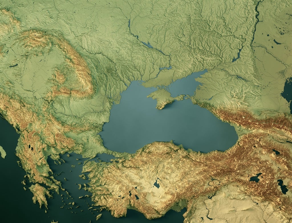 3D render of a topographic map of Ukraine and the Black Sea.