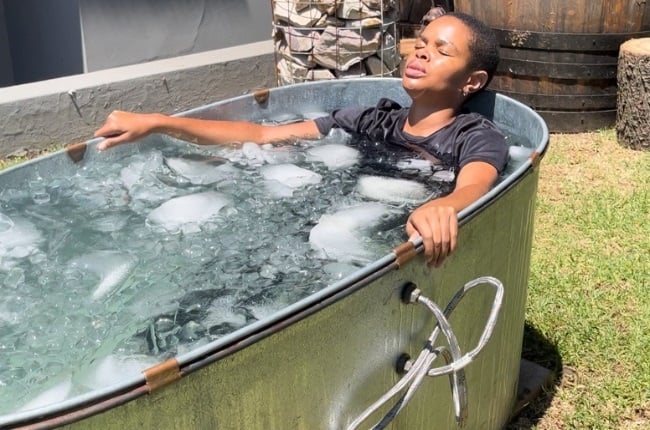 Drum Journalist Snazo Notho taking an ice bath. 'I nearly gave up two minutes into the 7-minute session.'