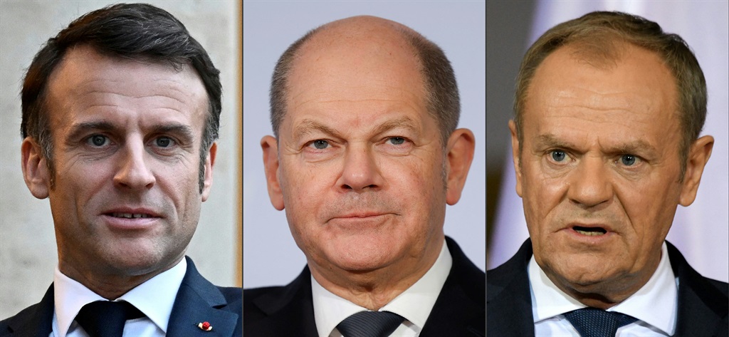 France's President Emmanuel Macron, German Chancellor Olaf Scholz and Polish Prime Minister Donald Tusk are expected to hold will hold urgent talks on Ukraine in Berlin on 15 March 2024. (AFP)