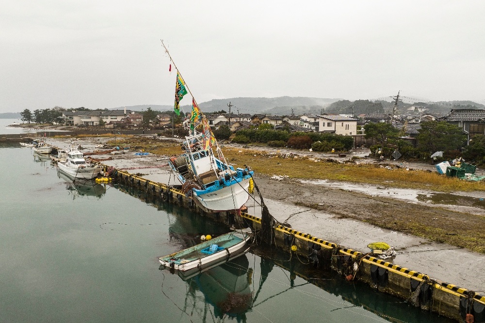 A ship washed ashore in the city of Suzu, Ishikawa prefecture on January 3 2024 after a major 7.5 magnitude earthquake struck the Noto region in Ishikawa prefecture on New Year's Day.