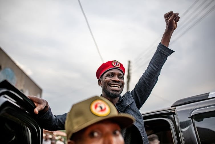 Robert Kyagulanyi Ssentamu, also known as Bobi Wine, addresses supporters in Uganda’s capital Kampala. Photo by Luke Dray/Getty Images