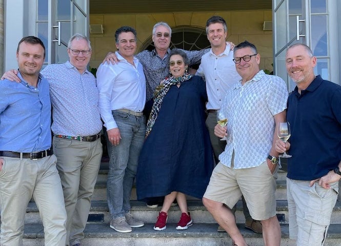 New De Morgenzon winemaker Anthony Sanvido far left, Alastair Rimmer, Carl van der Merwe, Kevin Watt, Wendy Applebaum, Danie De Waal, Teddy Hall, and Adam Mason.