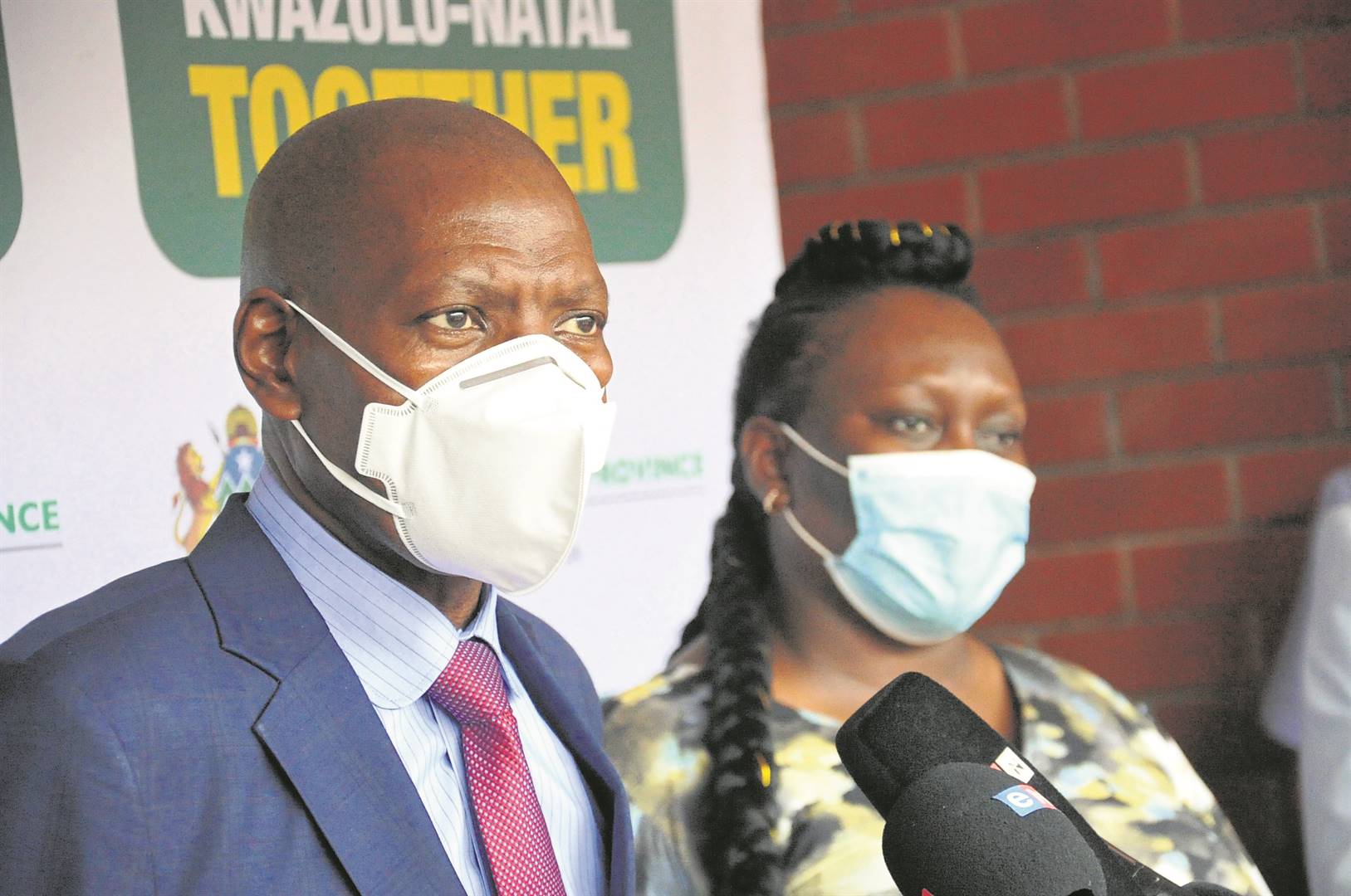 MEC Nomagugu Simelane-Zulu and Health Minister Dr Zweli Mkhize during a media briefing at the emergency medical services base at King Dinuzulu Hospital in Durban yesterday.          Photo by Jabulani Langa