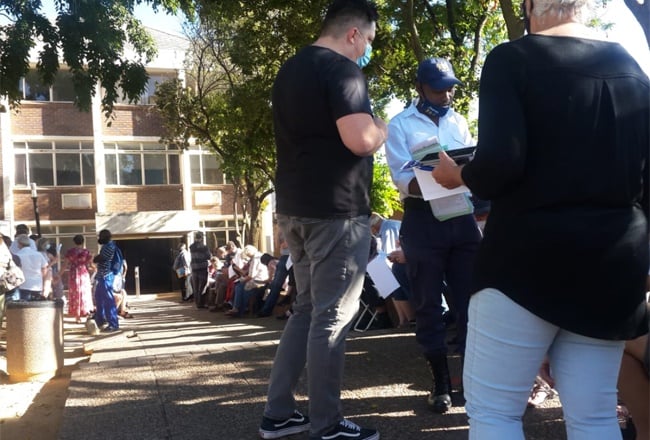 Motorists queue outside the Randburg Driving Licence Testing Centre.