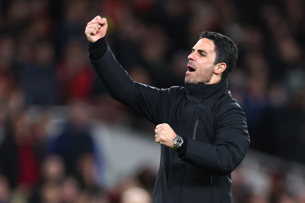 LONDON, ENGLAND - FEBRUARY 4: Mikel Arteta the head coach / manager of Arsenal celebrates during the Premier League match between Arsenal FC and Liverpool FC at Emirates Stadium on February 4, 2024 in London, England. (Photo by Robbie Jay Barratt - AMA/Getty Images)
