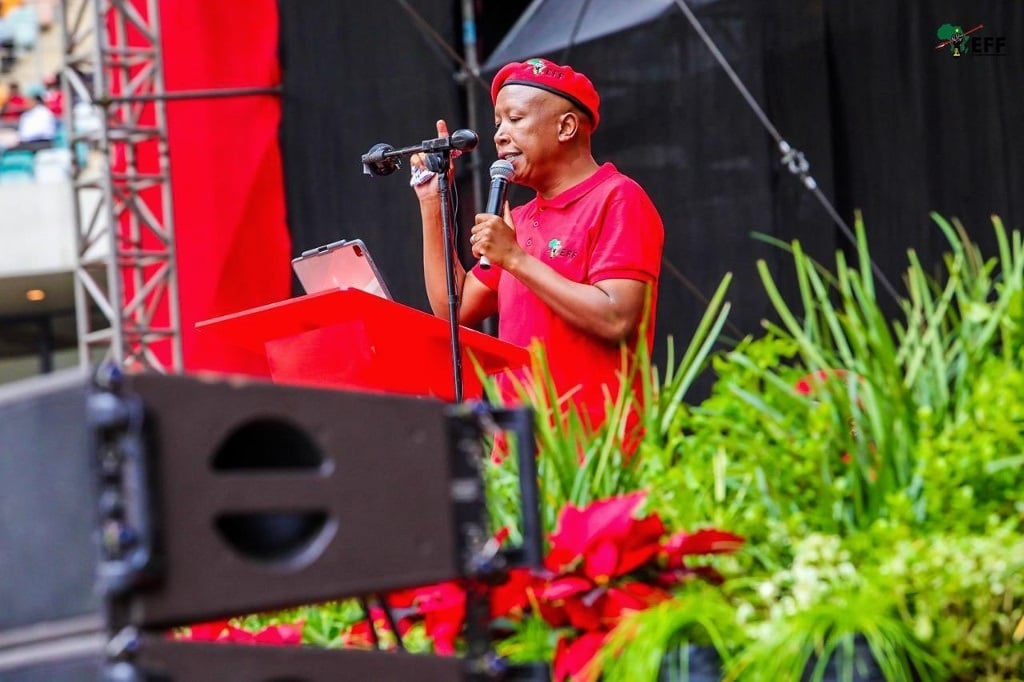 EFF leader Julius Malema delivers his address during the party's elections manifesto launch at Moses Mabhida Stadium in Durban on Saturday, 10 February 2024.