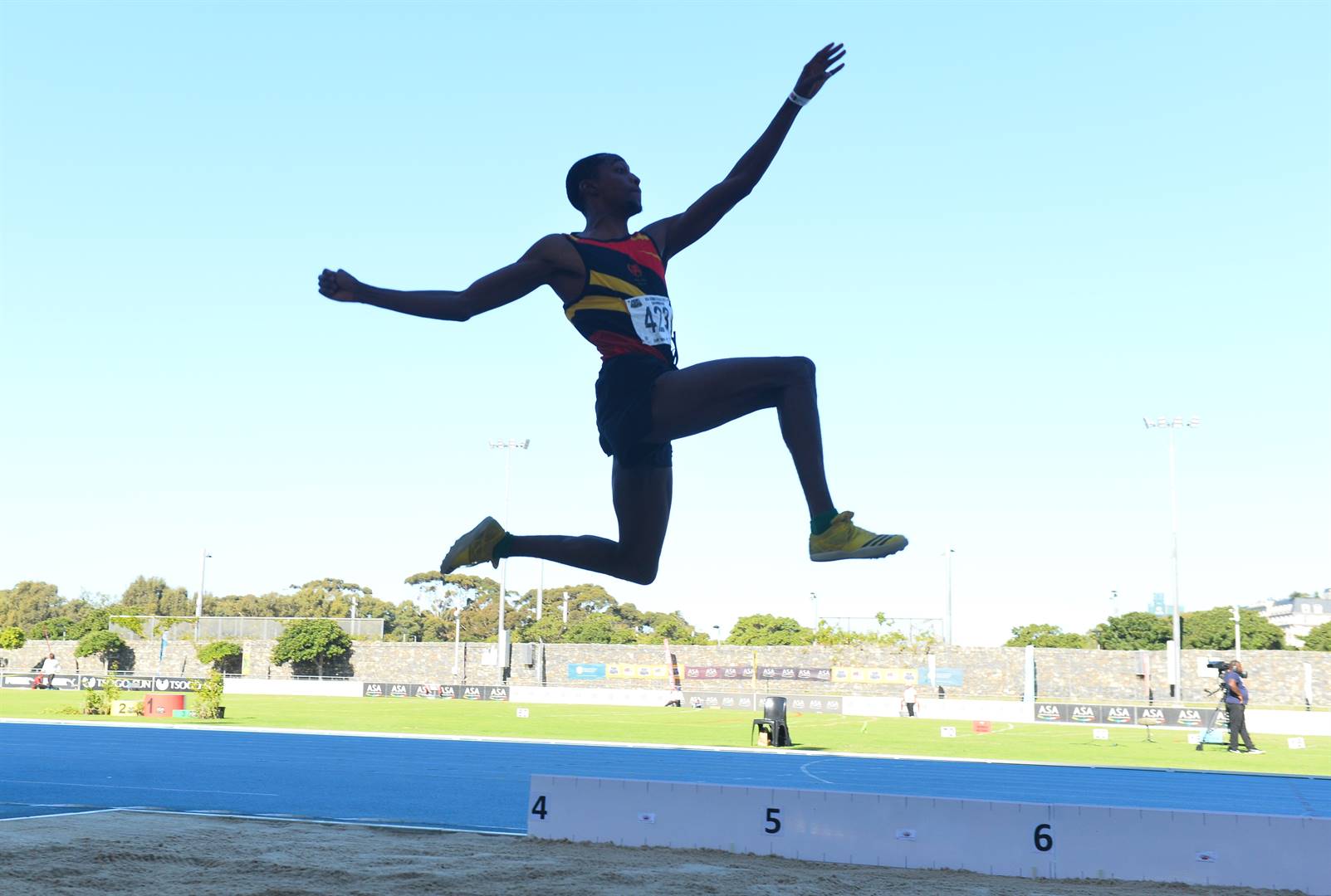 Cheswill Johnson takes to the air in the final of the men’s long jump during the final day of the ASA Senior Track and Field National Championships at Green Point Stadium in Cape Town on Saturday. Photo: Grant Pitcher/Gallo Images