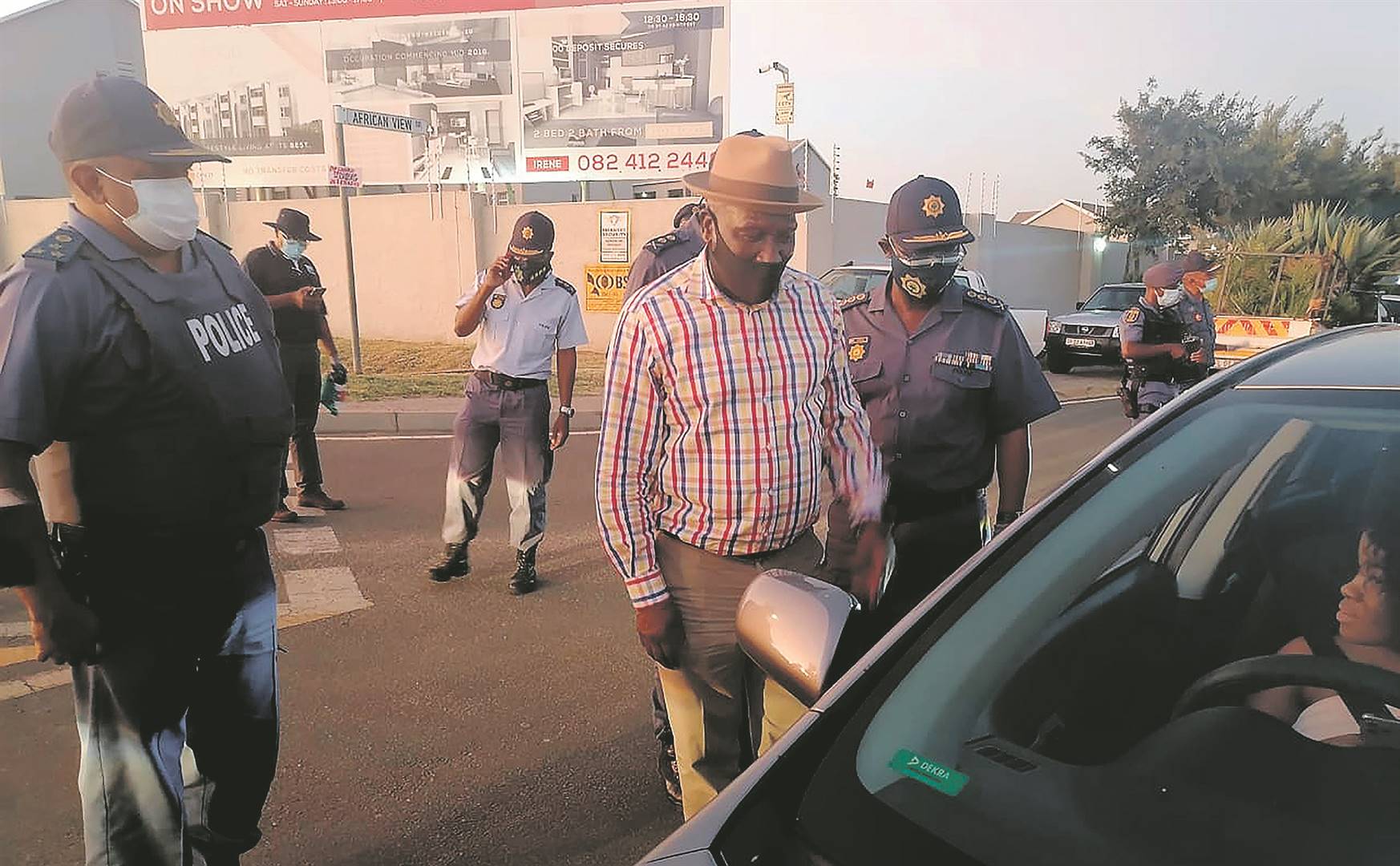Minister Bheki Cele (top right) during a road block on Saturday in Gauteng where several people were arrested for various violations, including driving cars which have been tampered with.    Photos Christopher Moagi and SAPS