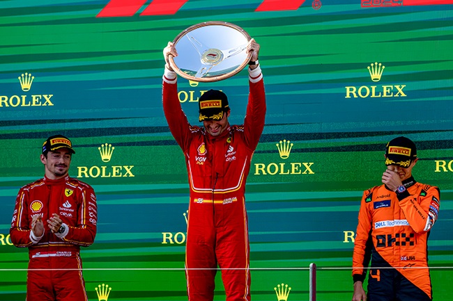 Carlos Sainz celebrates winning the F1 Grand Prix of Australia at Albert Park Circuit in Melbourne on 24 March 2024. Charles Leclerc was second and Lando Norris third. (Michael Potts/BSR Agency/Getty Images)