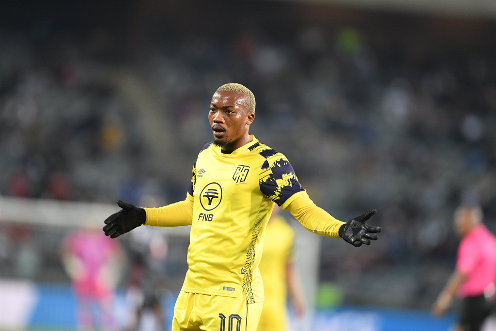 JOHANNESBURG, SOUTH AFRICA - AUGUST 29: Khanyisa Mayo of Cape Town City FC during the DStv Premiership match between Orlando Pirates and Cape Town City FC at Orlando Stadium on August 29, 2023 in Johannesburg, South Africa.