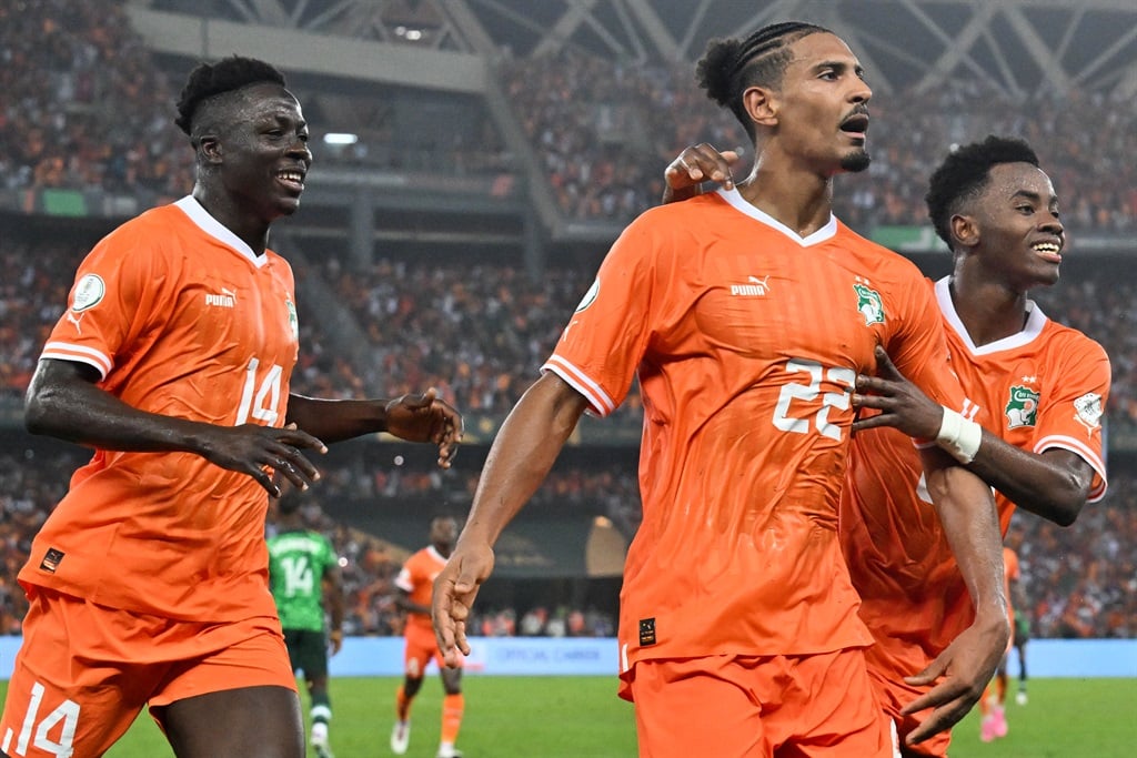 Ivory Coast's forward #22 Sebastien Haller celebrates scoring his team's second goal during the Africa Cup of Nations 2024 final football match between Ivory Coast and Nigeria at Alassane Ouattara Olympic Stadium in Ebimpe, Abidjan on 11 February 2024.
