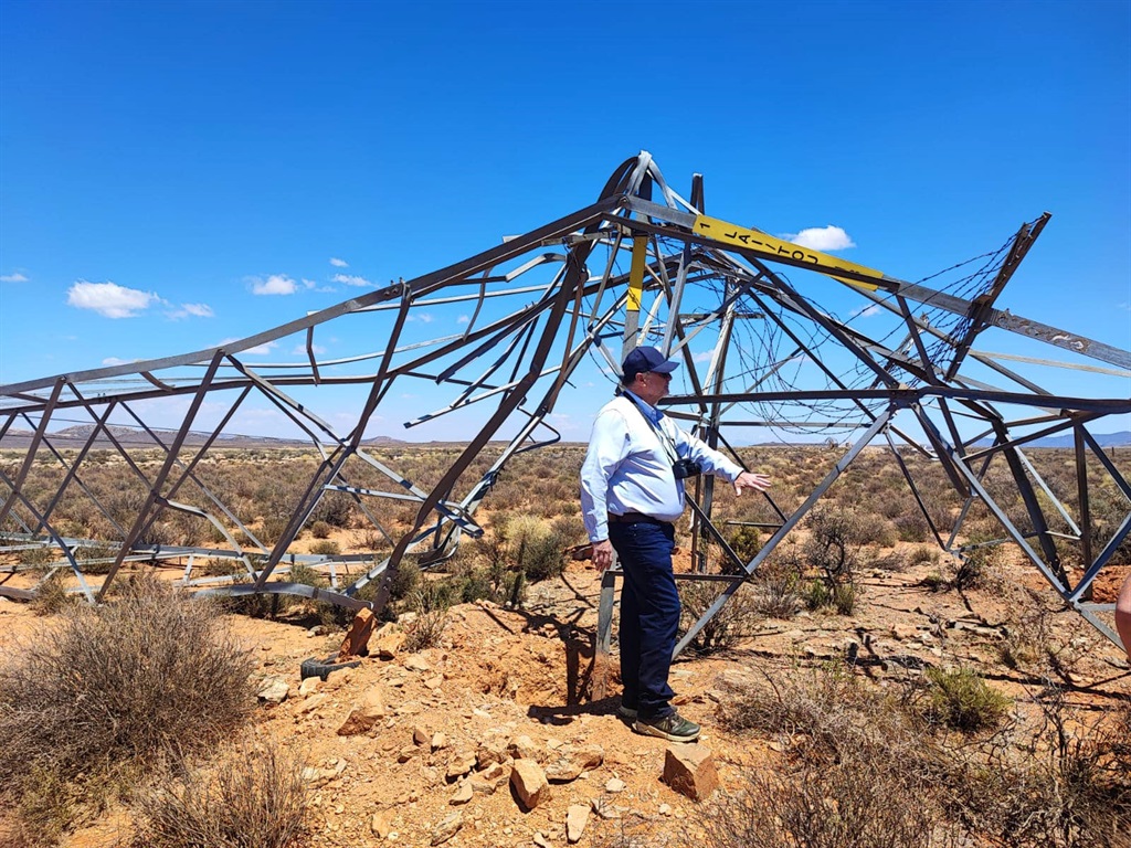 Local Government, Environmental Affairs and Development Planning MEC Anton Bredell in the Karoo alongside the downed pylon. 