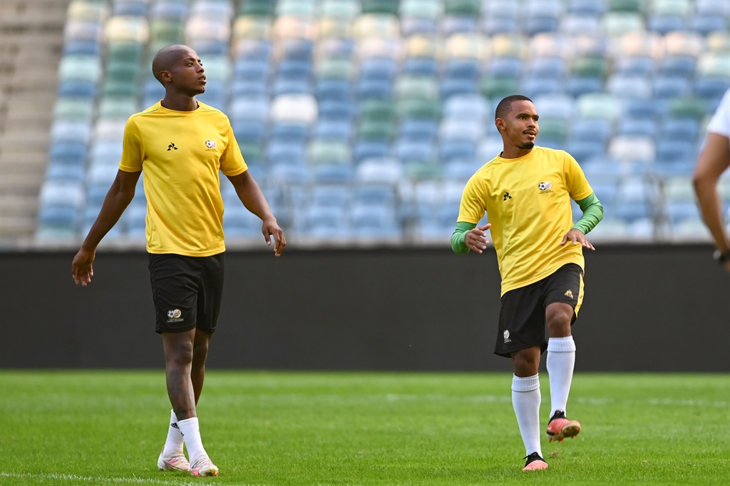 Zakhele Lepasa and Oswin Appollis during the South Africa mens national soccer team training session and press conference at Moses Mabhida Stadium on November 17, 2023 in Durban, South Africa.
