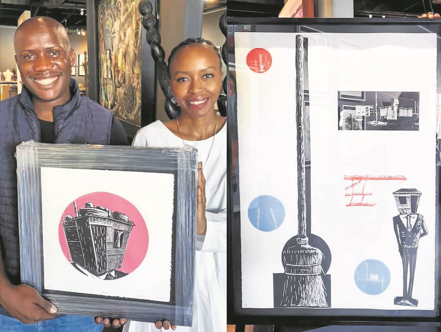 Sizani Baloyi and Arteye Gallery manager Nonhlanhla Mahlangu with his amazing lino print art work.                     Photo by                             Tshepo Mmakanyane