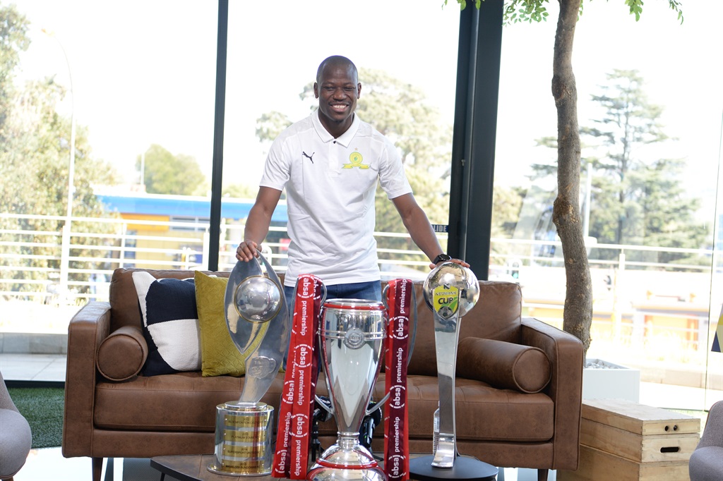  Mamelodi Sundowns captain Hlompho Kekana with the three trophies during the Hyundai Sundowns Lounge: The Road to La Decima Interview Opportunity with Mamelodi Sundowns at Hyundai Head Office on September 14, 2020 in Johannesburg, South Africa. 