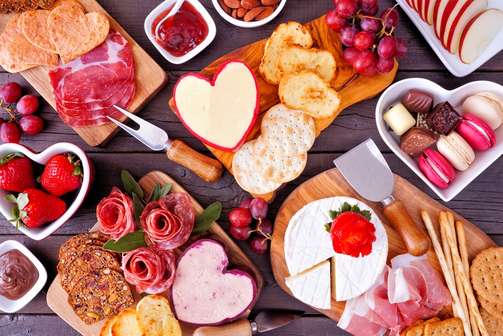 Valentines Day theme charcuterie board. 