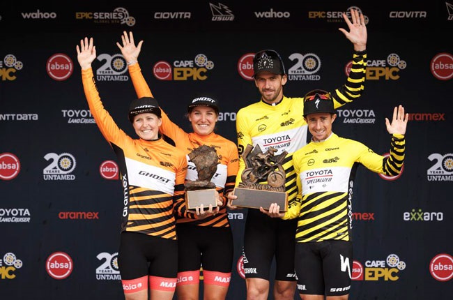 Anne Terpstra and Nicole Koller of GHOST Factory Racing on the podium with Matt Beers and Howard Grotts of Toyota-Specialized-NinetyOne (Photo by Nick Muzik/Cape Epic).