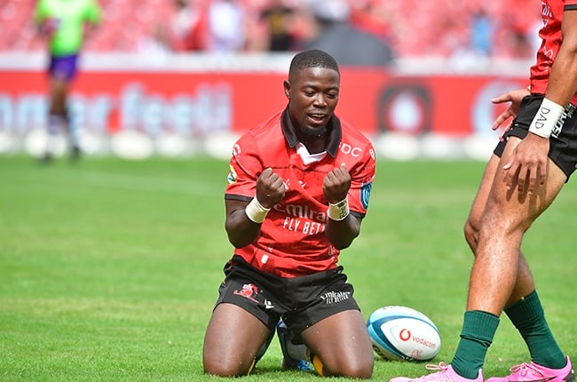 Lions scumrhalf Sanele Nohamba celebrates his try in the URC victory over the Sharks at Ellis Park on Saturday. (Photo by Sydney Seshibedi/Gallo Images),ùÊ6®/$Í5