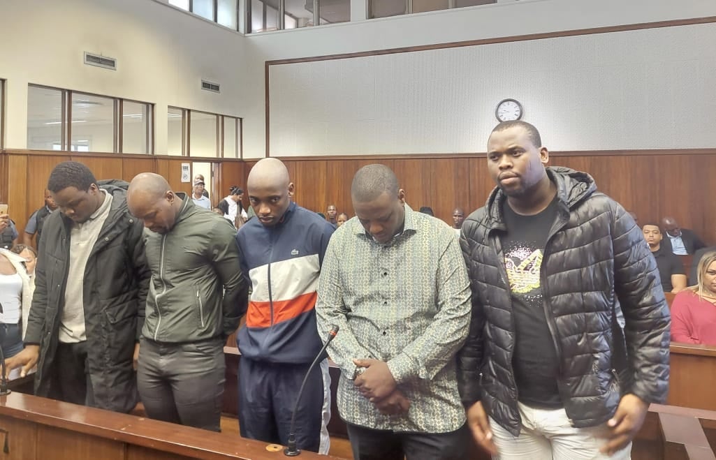 From left to right: AKA and Tibz murder-accused Lindokuhle Thabani Mkhwanazi, Lindani Ndimande, Siyanda Myeza, Mziwethemba Gwabeni and Lindokuhle Ndimande during their court appearance in Durban on Wednesday. (Nkosikhona Duma/News24)