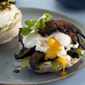 Breakfast stack with mushroom ‘bacon’