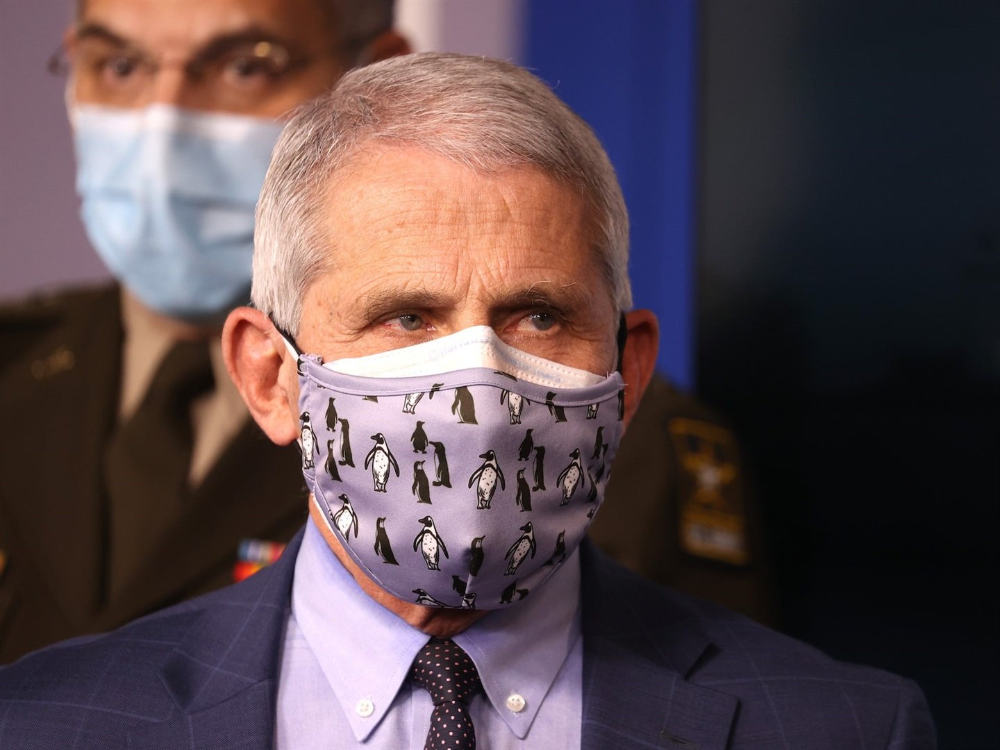 Anthony Fauci, director of the US National Institute of Allergy and Infectious Diseases, double masked during a White House Coronavirus Task Force briefing.