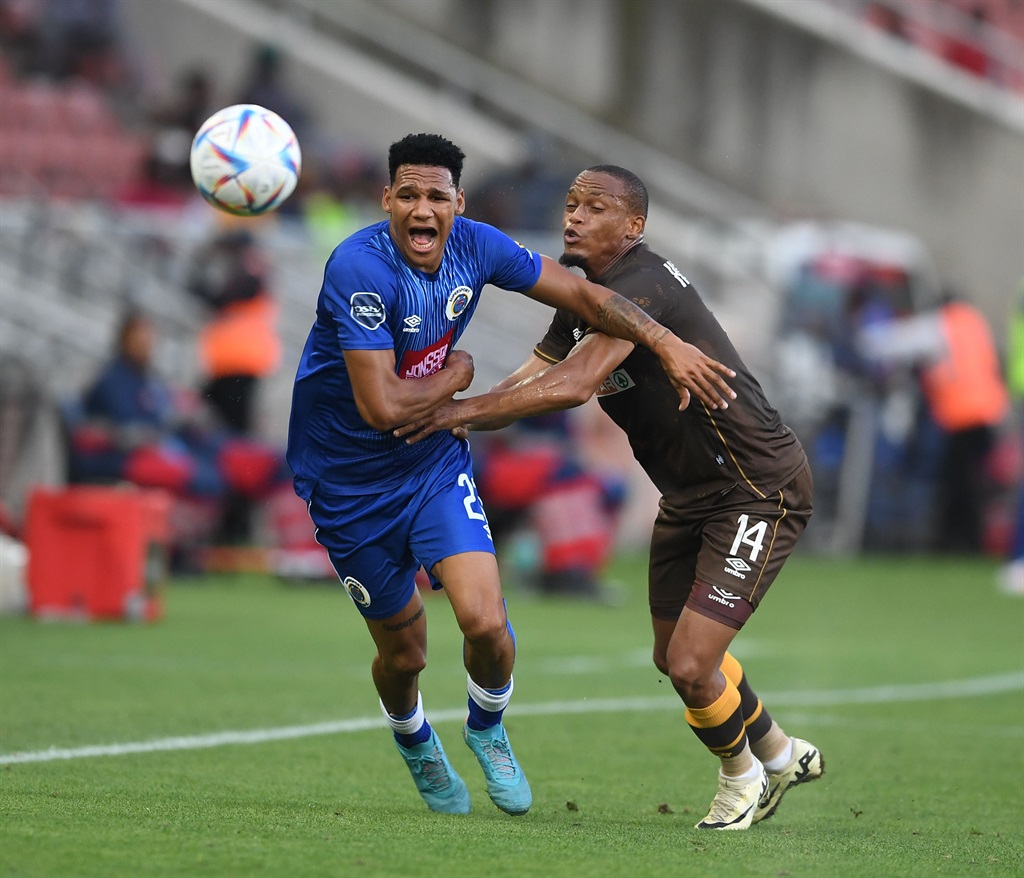 POLOKWANE, SOUTH AFRICA - MARCH 09: Kegan Johannes of SuperSport United and Riaan Hanamub of AmaZulu FC during the DStv Premiership match between SuperSport United and AmaZulu FC at Peter Mokaba Stadium on March 09, 2024 in Polokwane, South Africa. (Photo by Philip Maeta/Gallo Images)
